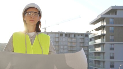 Woman an architect or engineer wearing safety hard hat and vest holding blueprint while inspecting a construction site at sunrise, front view. Architecture and engineering concepts