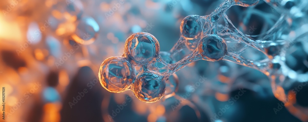 Poster 3d illustration of a complex structure made of molecules forming a network with a blurred background