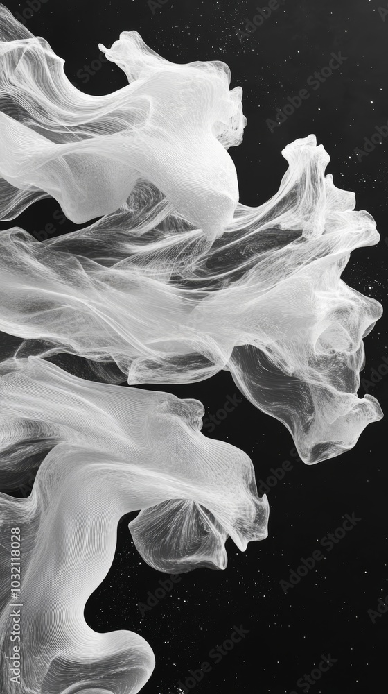 Poster white smoke is swirling against a black background, creating a variety of abstract shapes and patter