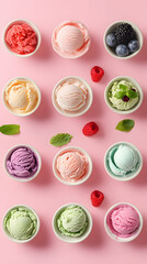 Vibrant Ice Cream Bowls Display, Assorted Flavors and Fresh Ingredients, Pink Background, Top View, Perfect for Sweet Treat Promotions