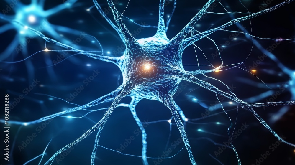 Poster glowing network of neurons and synapses, a detailed microscopic view of brain activity.