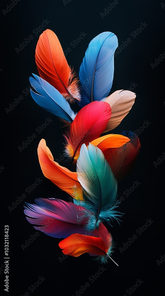 Poster vibrant array of feathers in various colors are gracefully floating against a dramatic black backgro