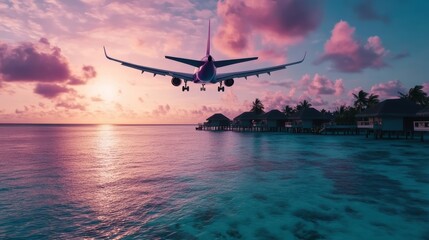 Airplane Landing at Sunset Over Tropical Island Coastline with Clear Blue Waters and Palm Trees – Perfect for Travel, Adventure, and Vacation-Themed Design and Backgrounds