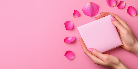 Obraz premium Anti-Aging and Skin Radiance Mockup: Two Female Hands Presenting a White Flexible Pouch with Floating Rose Petals for Stunning Visuals