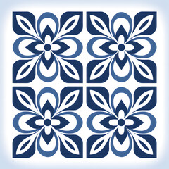 Vintage Floor Blue floral Tile geometric design with ornamental element. Traditional Portuguese azulejo motifs.