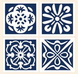 Vintage Floor Blue floral Tile geometric design with ornamental element. Traditional Portuguese azulejo motifs.
