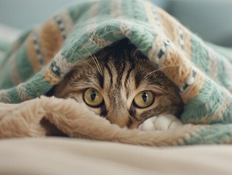 A scared cat peeking out from under a blanket