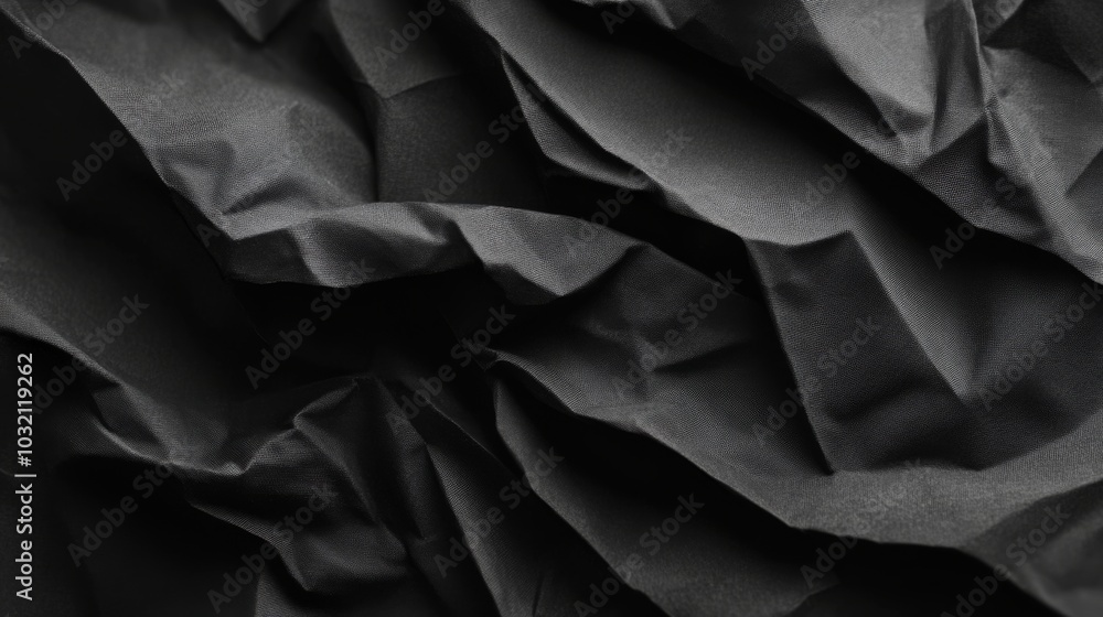 Poster crumpled black paper is forming an abstract textured background with dramatic shadows. the rough sur