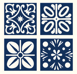 Vintage Floor Blue floral Tile geometric design with ornamental element. Traditional Portuguese azulejo motifs.