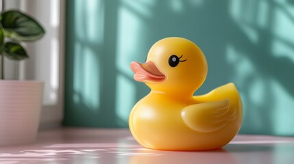 Cheerful yellow rubber duck sits on a vibrant pink surface by a window, casting playful shadows with sunlight. Evokes childhood nostalgia and fun, adding a pop of happiness and cleanliness