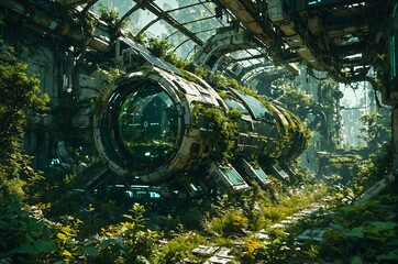 Post-apocalyptic scene, grassy tech ruins