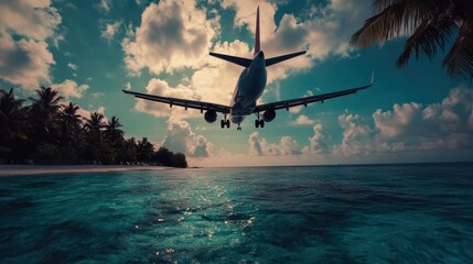 Airplane Landing at Sunset Over Tropical Island Coastline with Clear Blue Waters and Palm Trees – Perfect for Travel, Adventure, and Vacation-Themed Design and Backgrounds