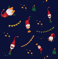 Repeatable pattern of dwarfs, Santa and stars on navy background. Christmas.

