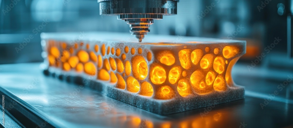 Poster close-up of a 3d printer nozzle extruding plastic filament to create a complex, honeycomb-like struc