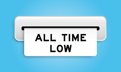 White coupon banner with word all time low from machine on blue color background