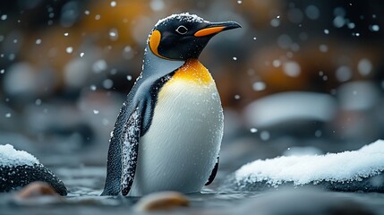 Fototapeta premium A solitary penguin stands amidst falling snow, showcasing its vibrant colors in a cold environment.
