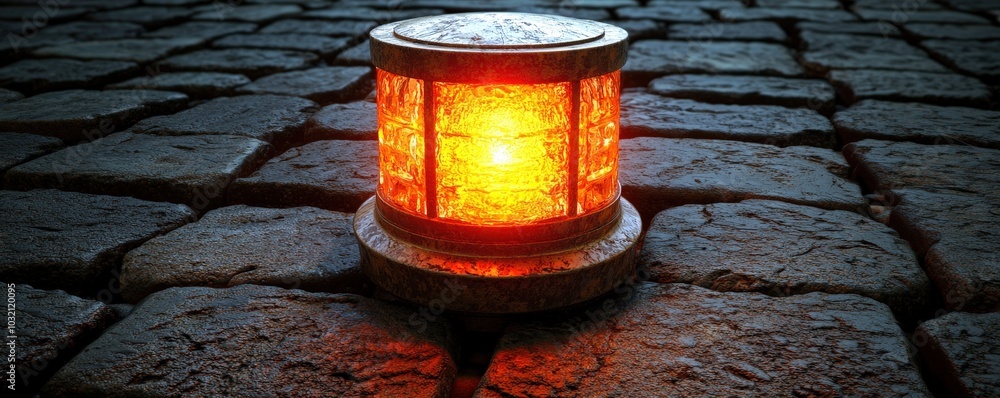 Poster glowing red lantern on cobblestone path