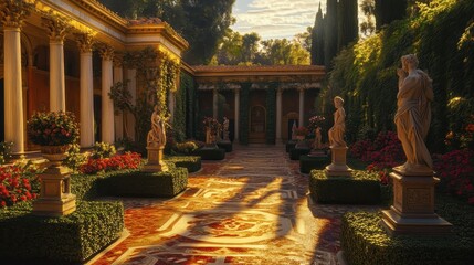 Roman villa courtyard with manicured hedges statues and a vibrant floral mosaic floor