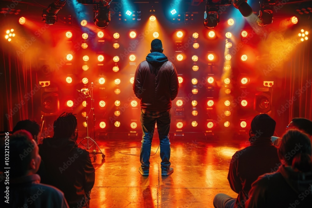 Poster a person standing at the edge of a stage with intense lighting, suitable for use in event or perform