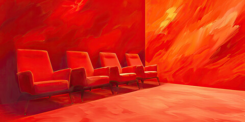 A bright red-accented abstract background for a anger management group, with comfortable seating and abstract art that encourages emotional expression.