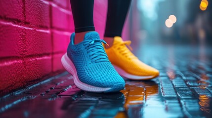 A pair of blue and yellow sneakers on a wet pavement with a pink brick wall in the background.