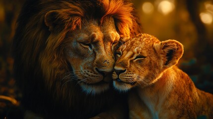 Fototapeta premium A tender moment between a lion and its cub, showcasing love and connection in nature.