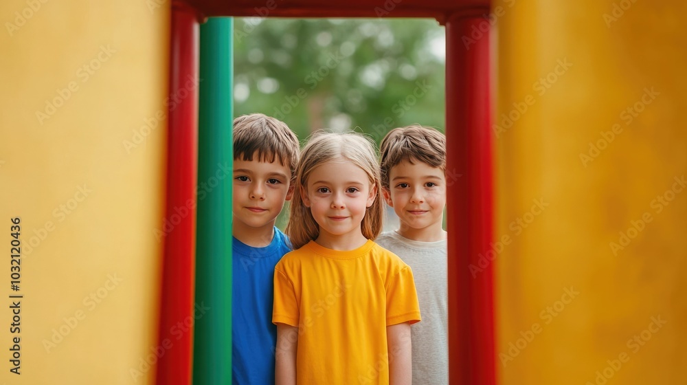 Poster joyful group of diverse children friends playing a game of hide and seek around colorful playground 