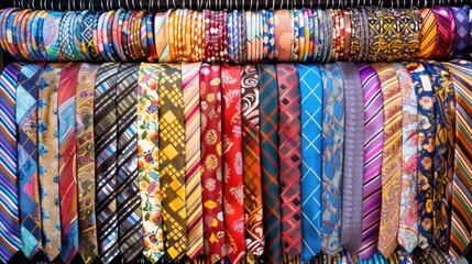 A vibrant collection of patterned ties hanging on a rack.