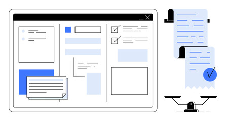 A digital interface shows document management with checklists and text fields alongside papers on a weighing scale. Ideal for productivity, organization, finance, office tasks, and project