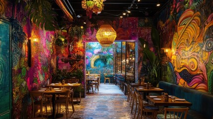 Obraz premium Colorful restaurant with murals, wood tables and chairs.