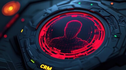 A futuristic interface displays a red silhouette within a circular frame, emphasizing elements of technology and data visualization.