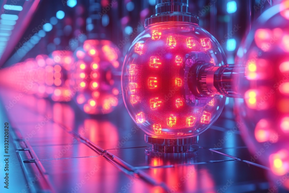 Poster a row of glowing red spheres on a metallic surface with blue lighting, creating a futuristic and abs