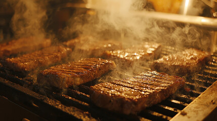 Grilled steak slices sizzling on hot grill, surrounded by flavorful smoke, create appetizing scene. juicy texture and rich aroma evoke sense of indulgence and culinary delight