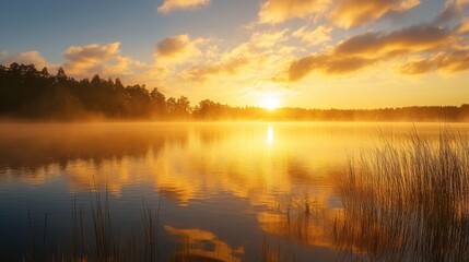 Fototapeta premium Sunrise over a lake with fog and reeds.