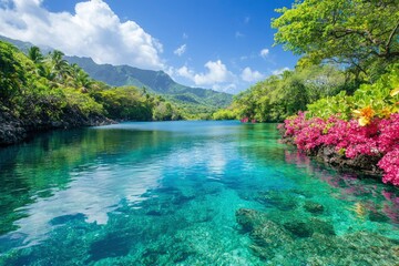 Obraz premium Tranquil Lagoon Surrounded by Lush Tropical Vegetation and Mountains