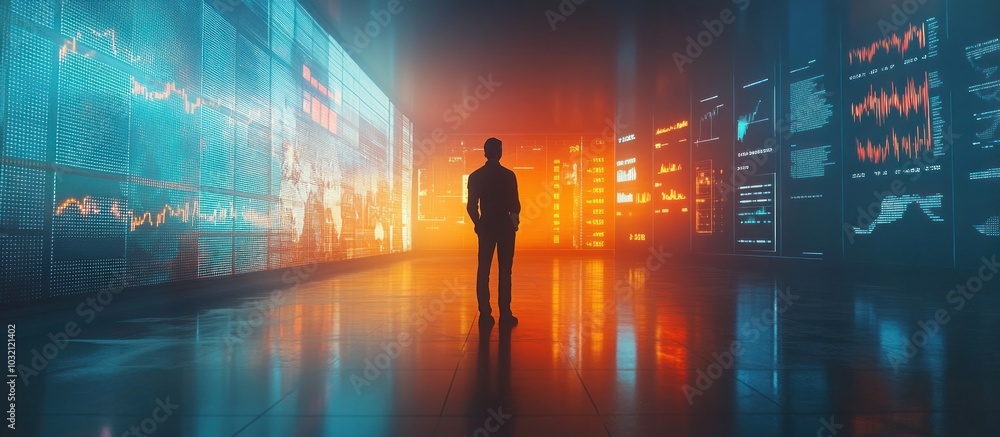 Aufkleber silhouette of a man standing in a dark room with glowing digital screens displaying data and graphs.