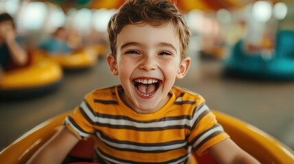Carefree young boy with big smile riding bumper car and crashing into others at vibrant amusement park or carnival with deep depth of field background