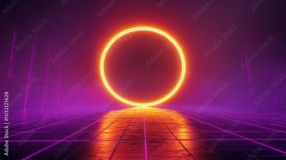 Poster mesmerizing neon circle glows in a modern corridor with purple lights on a grid-patterned floor, cre