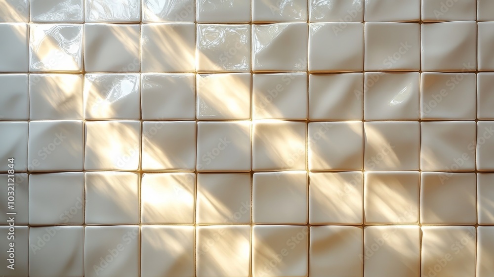 Poster sunlight shines through window. casting shadows on white bathroom tiles. creating captivating patter