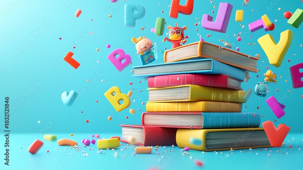 Poster vibrant 3d illustration celebrating world book day featuring a stack of colorful books with whimsica