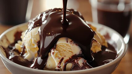 Hot fudge dripping over sundae in close-up