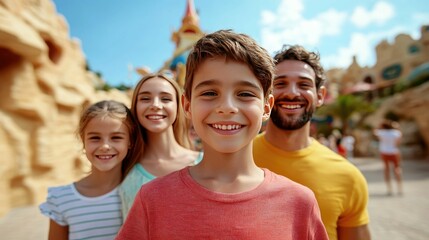 A cheerful family of four posing together in front of a famous theme park landmark creating a treasured memory of their fun filled vacation and shared experiences