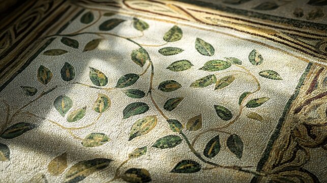 Vine and leaf motif mosaic border in villa atrium vibrant colors illuminated by natural light through skylight