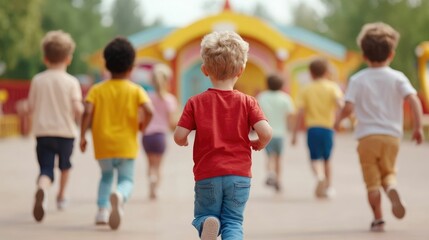 Obraz premium A group of young energetic children enthusiastically running toward a brightly colored funhouse eager to explore and experience the thrills and surprises awaiting them at the amusement park