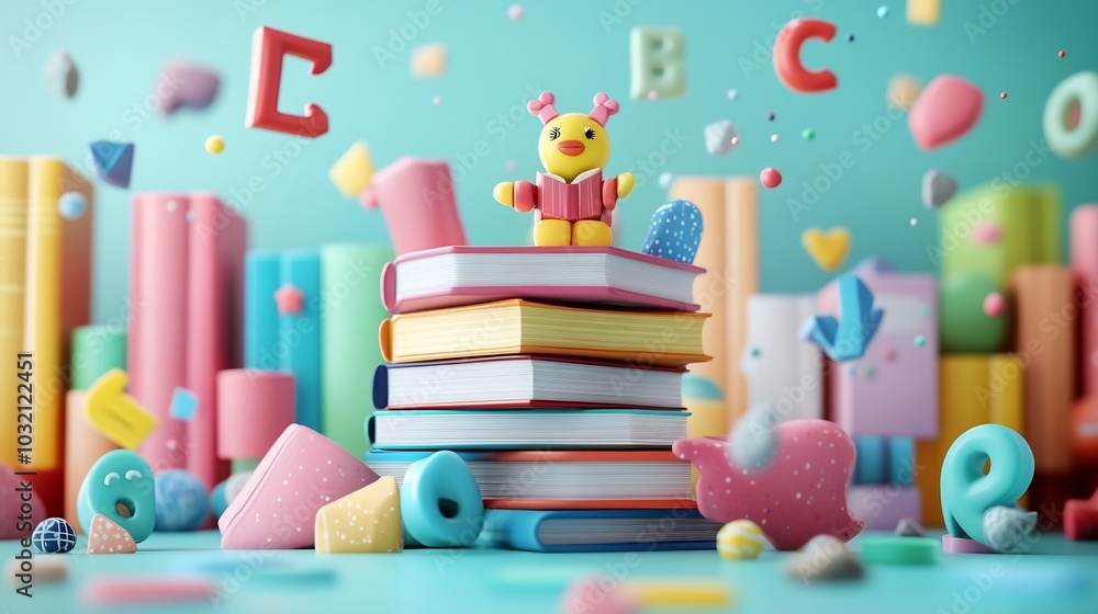 Poster vibrant 3d illustration celebrating world book day featuring a stack of colorful books with whimsica