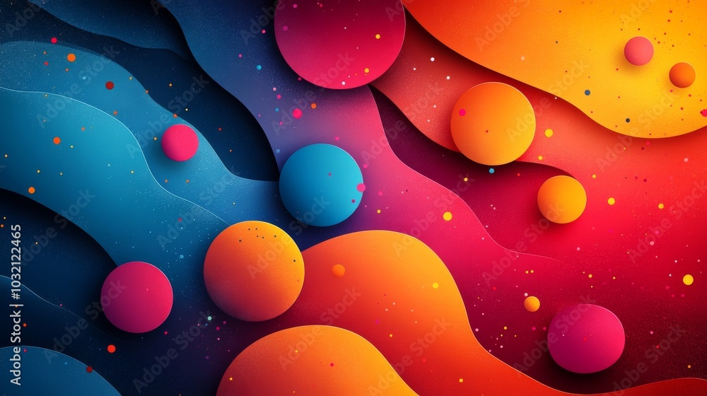 Poster Abstract background with colorful paper cut shapes forming wavy layers and floating spheres, creating a dynamic and modern design