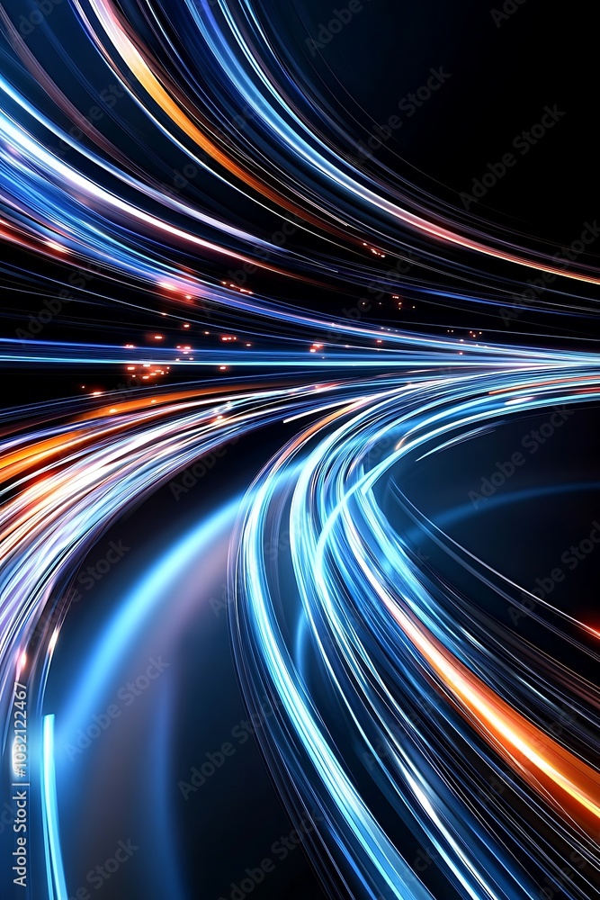 Poster this captivating abstract image showcases vibrant light trails in blue and orange, creating a sense 