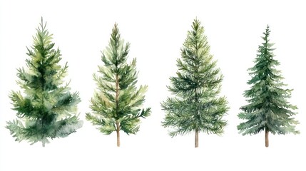 Watercolor Illustration of Four Green Pine Trees