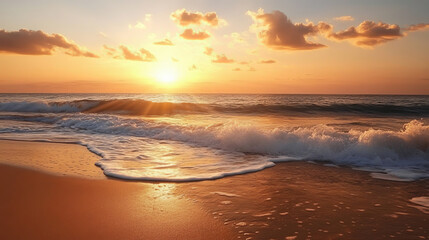 Fototapeta premium A serene sunrise at the beach paints the sky in vibrant hues of orange, pink, and gold.