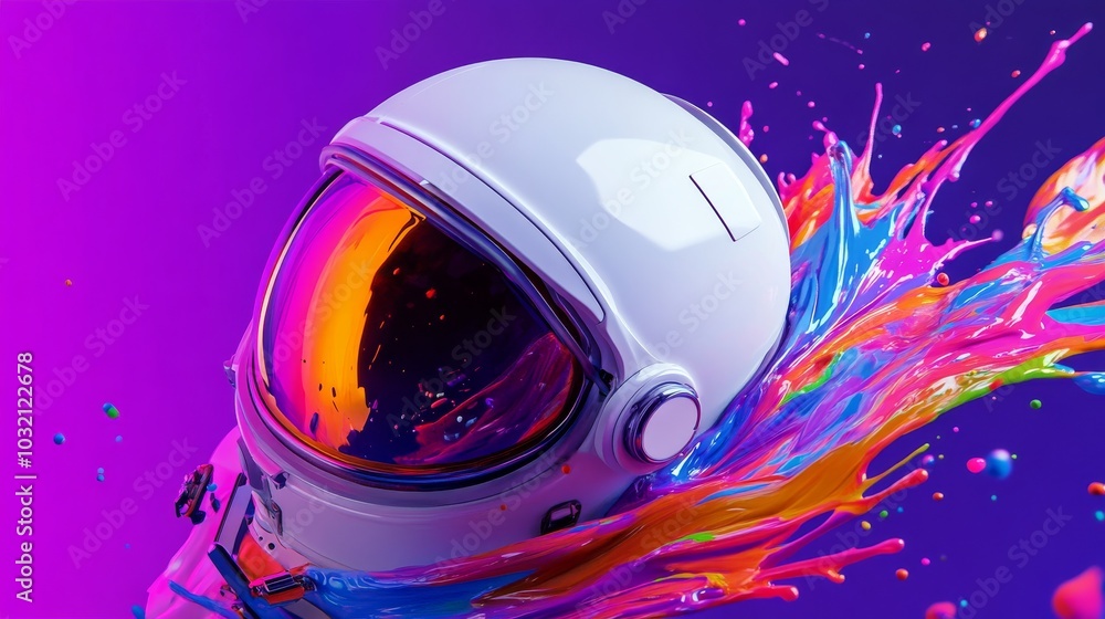 Poster white astronaut helmet with colorful reflections being splashed with a bright stream of paint agains